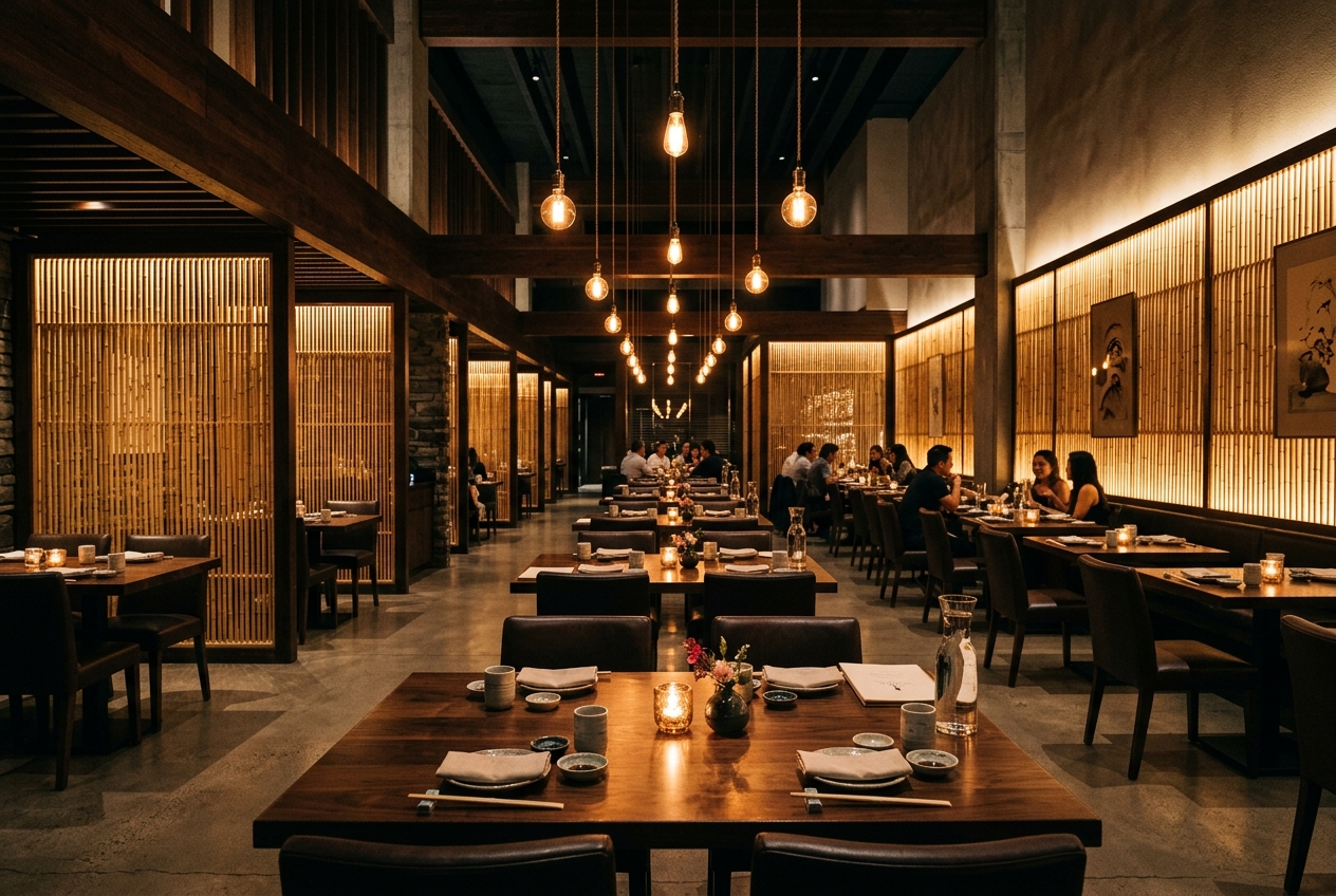 LUMIÈRE restaurant interior — warm bamboo lit dining room