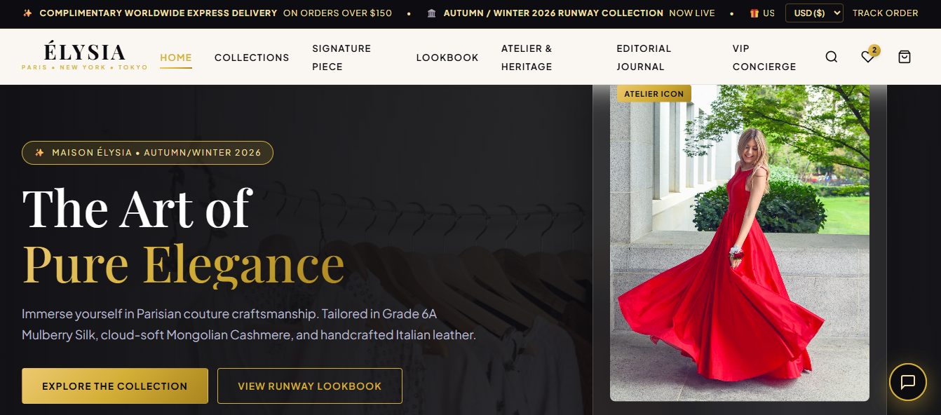 ✨ Maison ÉLYSIA — Modern Haute Couture & Luxury Fashion Website Template