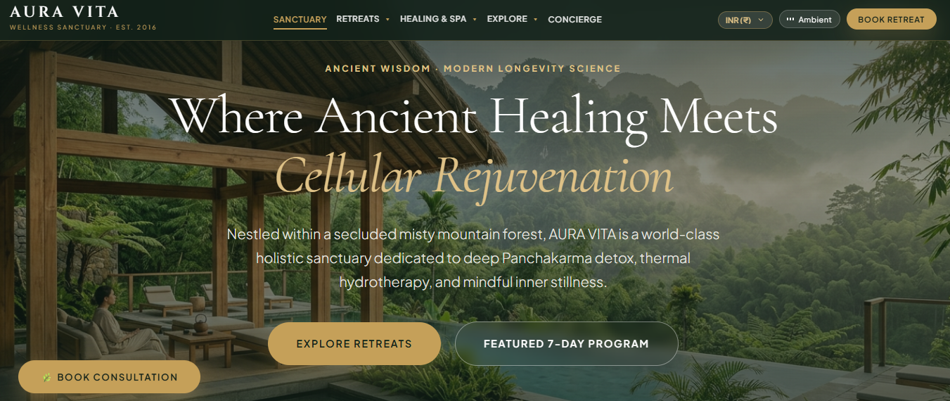 🌿 AURA VITA — Luxury Wellness Sanctuary & Holistic Longevity Retreat Website Template